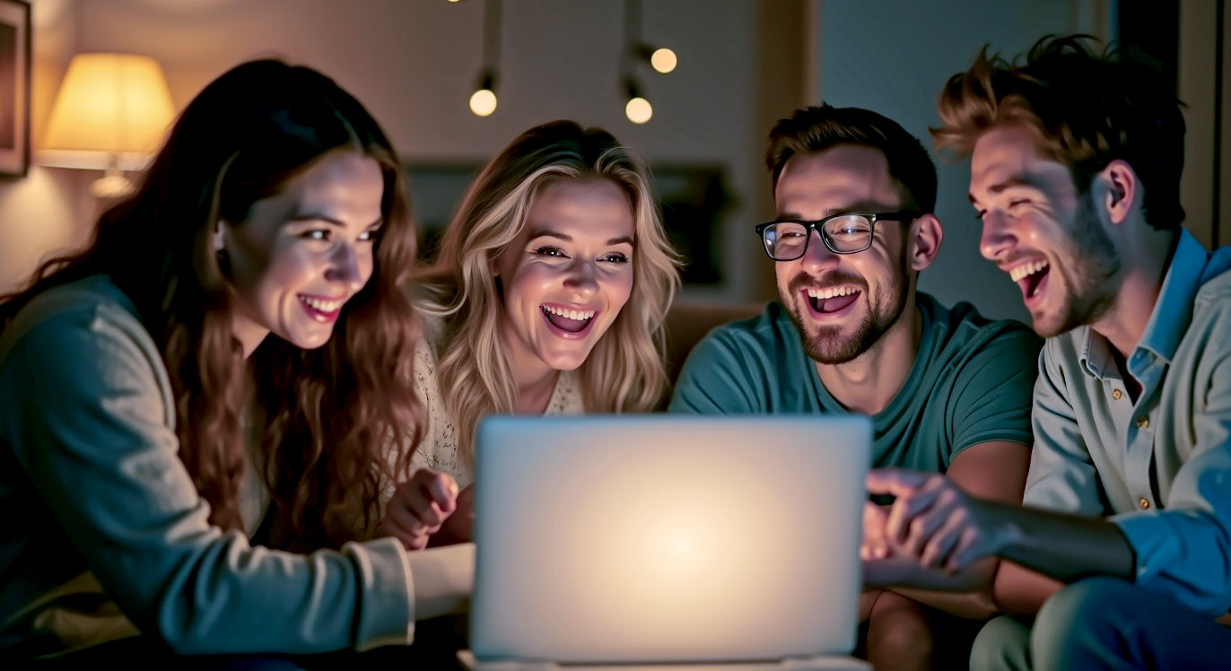 A hyper-realistic, professional photograph in the style of a modern documentary feature. The image shows a group of British people of different ages in a cosy, contemporary living room, all looking at a single laptop screen with expressions of shared amusement and surprise. One person is laughing out loud, another is pointing at the screen with a knowing smile. The warm, soft lighting evokes a sense of connection and community. The laptop screen is glowing but the content is blurred, suggesting a universal 'viral moment' without dating the image. The overall mood is one of joy, nostalgia, and the shared experience of digital culture in the UK.