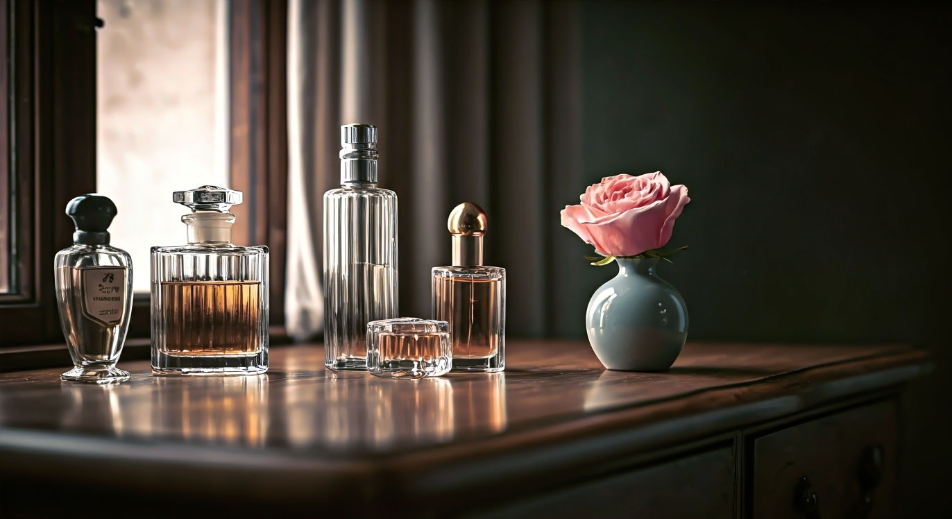 A hyper-realistic, professional photograph in the style of a feature in House & Garden magazine. The scene is a beautifully cluttered antique wooden dressing table in a classic British home. A collection of elegant perfume bottles—some vintage crystal, others modern and minimalist like a Jo Malone London bottle—are arranged artfully. A single, perfect English rose in a small bud vase sits beside them. Soft, natural light streams in from a nearby window, catching the dust motes in the air and reflecting off the glass bottles. The mood is intimate, nostalgic, and sophisticated, with a warm, slightly desaturated colour palette that evokes a sense of timeless British elegance.