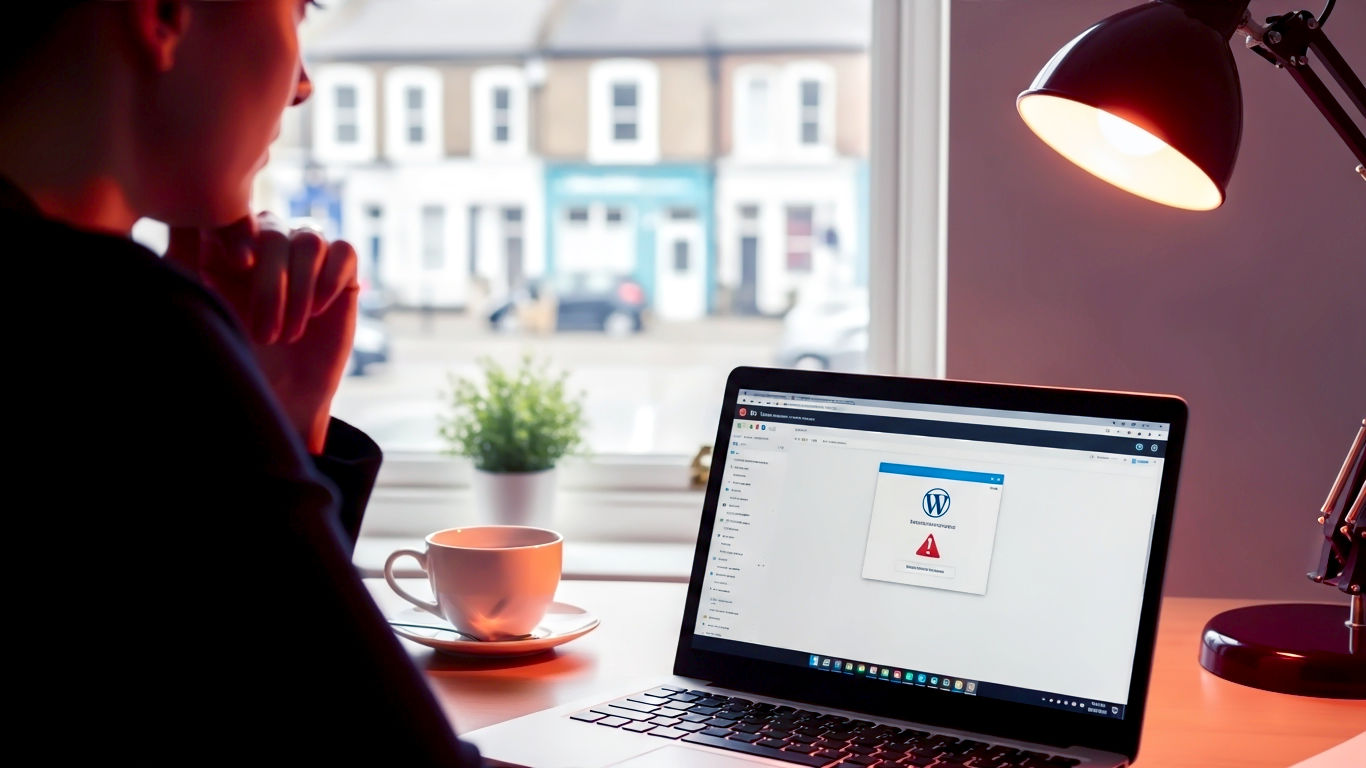 A hyper-realistic, professional photograph showing a person looking thoughtfully at a laptop screen displaying the WordPress dashboard with a subtle error message icon. The setting is a modern, clean home office in the UK, with a cup of tea on the desk and a window showing a typical British street scene in soft focus. The lighting is natural and bright, conveying a calm, problem-solving mood. The overall style is professional yet approachable.