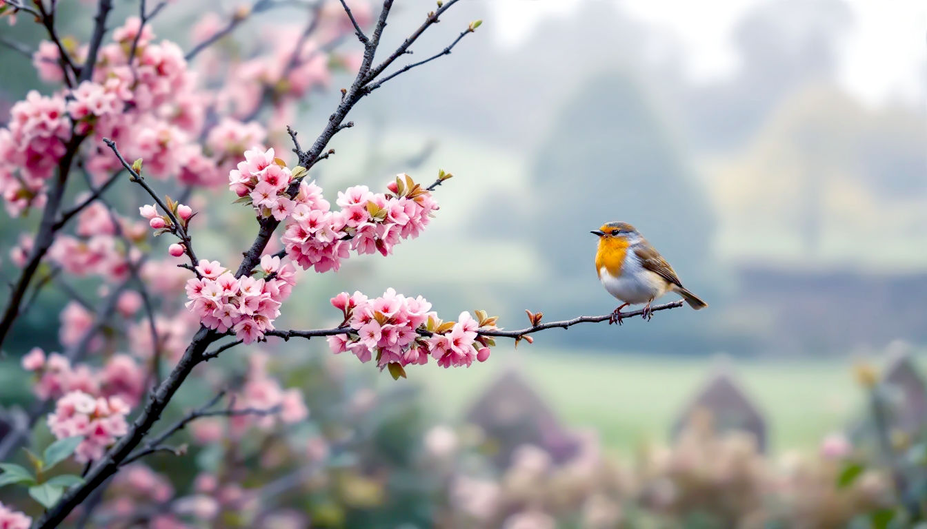 A charming, professional wildlife photograph in the style of Country Life magazine. The scene captures the tight clusters of pink flowers on the dark, bare stems of a Viburnum x bodnantense 'Dawn'. A plump, inquisitive robin is perched on an adjacent branch. The background is a soft-focus English cottage garden with a misty field visible beyond a low stone wall. The mood is one of enduring charm and gentle life.