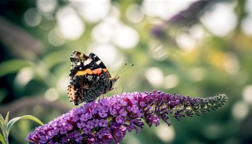 A hyper-realistic, professional photograph capturing the essence of aperture. In the foreground, a classic British Red Admiral butterfly rests on a purple buddleia flower, its wings in pin-sharp focus. The background is a dreamy, soft-focus English garden, with dappled sunlight creating beautiful circular bokeh highlights. The style is reminiscent of a BBC wildlife documentary still, with natural, warm lighting. The overall mood is serene, beautiful, and educational, perfectly illustrating shallow depth of field.