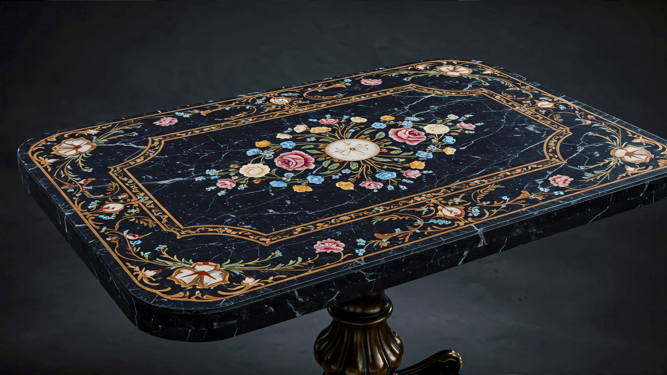 A hyper-realistic, professional photograph in the style of a museum catalogue. The shot features a beautiful antique Victorian tabletop made of polished Ashford Black Marble, its surface gleaming under soft, directional gallery lighting. The black marble is inlaid with an intricate and colourful pietra dura design of English roses and forget-me-nots, using Derbyshire minerals. The composition is a detailed close-up, focusing on the craftsmanship of the inlay. The background is a dark, subtly textured wall, creating a moody, scholarly atmosphere that evokes British heritage and craftsmanship.