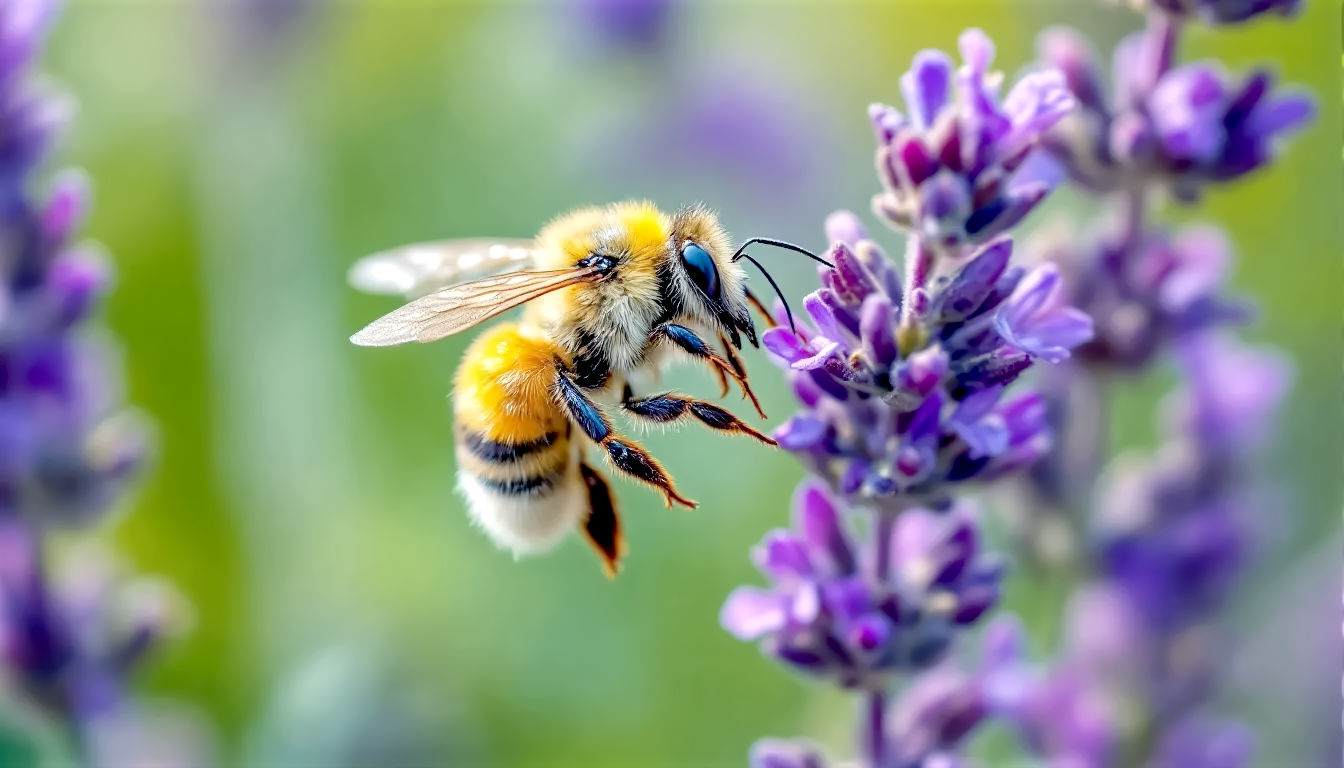 A hyper-realistic, professional photograph capturing the essence of macro photography in a British garden. A fuzzy bumblebee, covered in tiny yellow pollen grains, is landing on the vibrant purple petals of a lavender flower. The bee is in razor-sharp focus, revealing the intricate detail of its wings and furry body. The background is a soft, dreamy blur of green foliage and other lavender stems, evoking a warm summer's day in the UK. The lighting is soft and natural, like early morning sun, highlighting the texture of the bee and the dew drops on the petals. The overall mood is one of wonder, detail, and natural beauty. Style: BBC nature documentary.