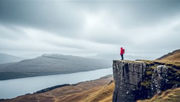 A professional, hyper-realistic photograph of a lone hiker with a bright red jacket standing on a cliff edge in the Scottish Highlands, looking out over a vast, misty loch. The composition uses the rule of thirds, with the immense, grey, atmospheric sky and calm water creating a powerful sense of negative space. The lighting is soft and diffused, typical of an overcast Scottish day, creating a moody yet serene atmosphere. Style of a National Geographic travel photograph.