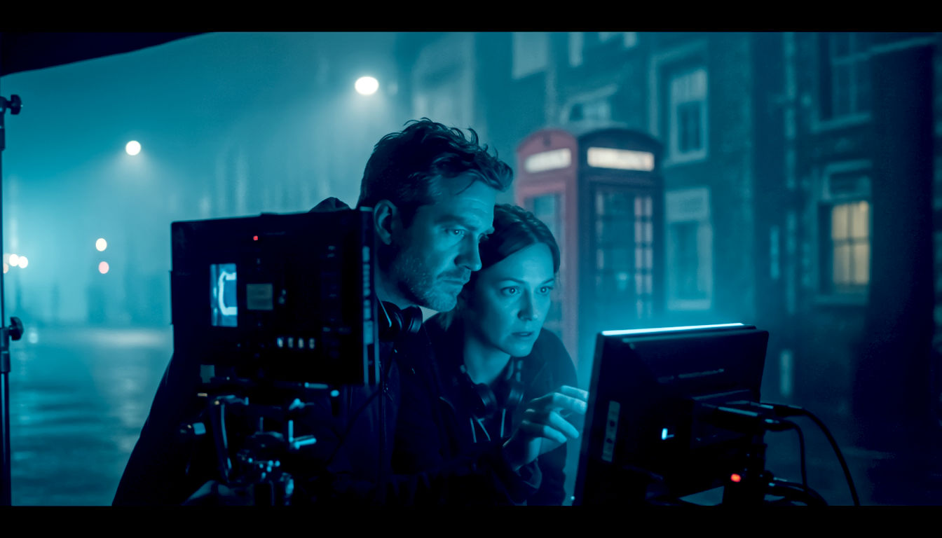 A hyper-realistic, atmospheric photograph in the style of a behind-the-scenes film still. A male Director of Photography in his 40s, with a focused expression, is seen from a side-on, medium shot. He is collaborating with a female director, both looking intently at a glowing monitor on a film set. The set is dressed as a moody, rain-slicked London street at night, with a classic red telephone box visible in the softly blurred background. The lighting is dramatic and cinematic, with a key light casting soft shadows and a blueish backlight rim-lighting the figures, evoking the feel of a modern British crime thriller. The overall mood is one of intense creative collaboration and professionalism.