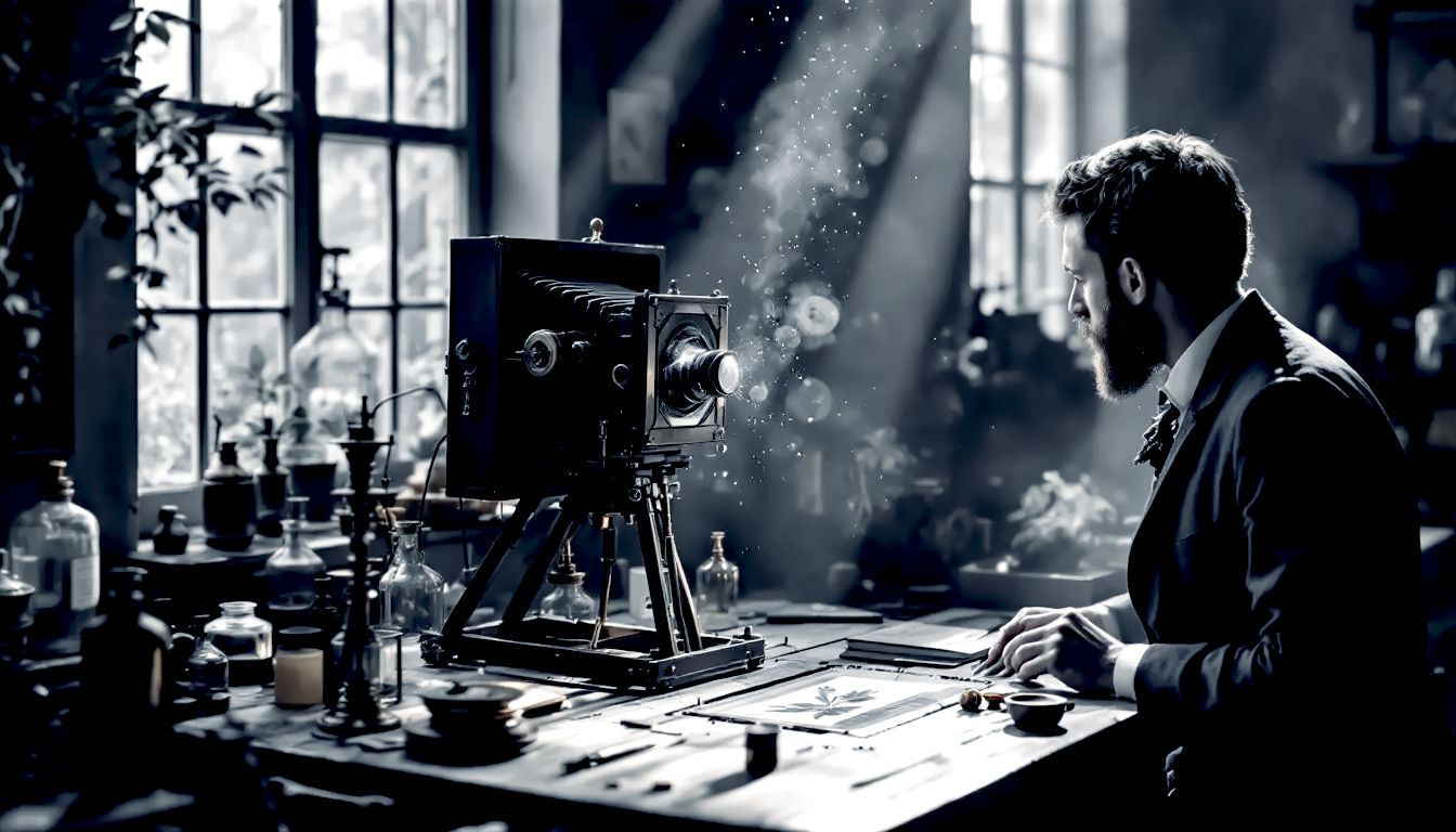 A hyper-realistic photograph in the style of a Victorian-era scientific journal illustration. The scene is a cluttered but organised 19th-century British inventor's workshop. In the centre, a large, wooden box camera on a tripod is aimed at a sunlit window. On the workbench are glass bottles of chemicals, brass instruments, and a freshly developed calotype photograph of a botanical specimen. The lighting is soft and natural, coming from the window, creating long shadows and highlighting dust motes in the air. The mood is one of quiet, revolutionary discovery.
