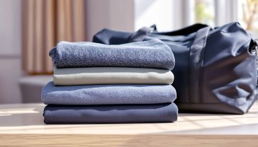 A hyper-realistic, professional photograph showing a neatly folded stack of fresh, clean, high-tech gym wear (e.g., dark grey leggings, a sage green sports top, a black technical t-shirt) on a minimalist light oak surface. Next to it, a modern, stylish black gym bag is half-open. Soft, bright, natural light from a window illuminates the scene, conveying a sense of cleanliness, readiness, and motivation. The style should be aspirational and clean, like a feature in a modern UK health and fitness magazine such as Men's Health or Women's Health.