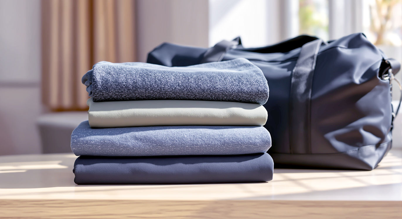A hyper-realistic, professional photograph showing a neatly folded stack of fresh, clean, high-tech gym wear (e.g., dark grey leggings, a sage green sports top, a black technical t-shirt) on a minimalist light oak surface. Next to it, a modern, stylish black gym bag is half-open. Soft, bright, natural light from a window illuminates the scene, conveying a sense of cleanliness, readiness, and motivation. The style should be aspirational and clean, like a feature in a modern UK health and fitness magazine such as Men's Health or Women's Health.