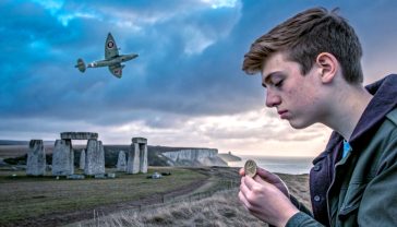 A hyper-realistic photograph capturing the essence of British history through time. In the foreground, a modern, thoughtful native British teenager looks at a weathered Roman coin they hold in their hand. The background is a composite, dreamlike montage showing a Spitfire soaring over the White Cliffs of Dover, a silhouette of a Victorian factory with its chimney, and the ancient standing stones of Stonehenge under a dramatic, cloudy sky. The lighting is soft and atmospheric, like a classic BBC documentary, evoking a sense of deep connection between the present and the layers of the past. The mood is one of curiosity and reverence.