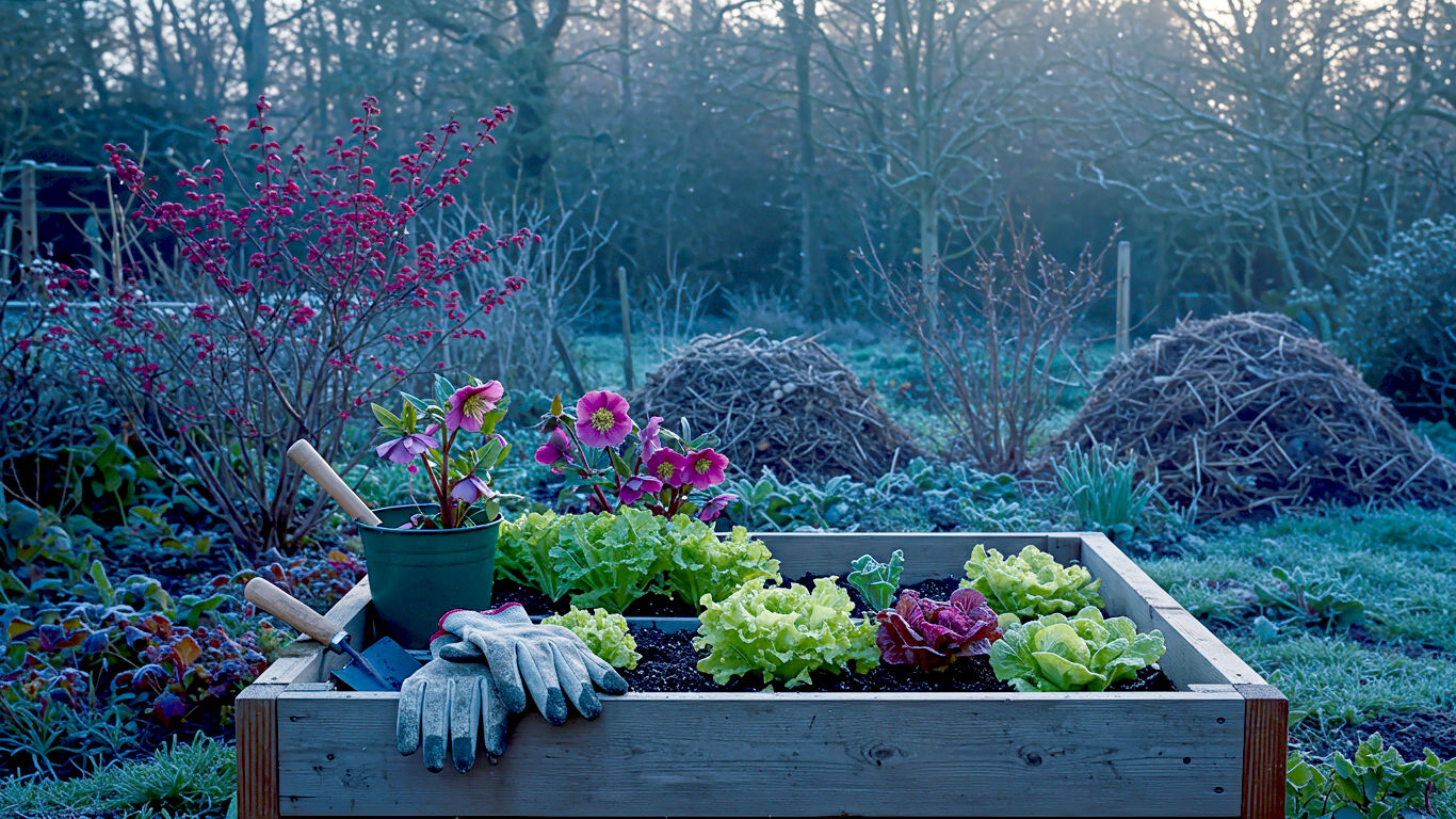 A hyper-realistic, professional photograph in the style of a Gardener's World magazine feature. The scene is a classic British garden in mid-winter, lightly dusted with frost under a soft, low sun. In the foreground, a pair of worn gardening gloves and a clean trowel rest on the edge of a wooden cold frame containing small, hardy lettuces. In the background, a vibrant red-stemmed dogwood and the deep pink flowers of a Hellebore provide a splash of colour against the muted tones of dormant perennials and a neat, dark-brown compost heap. The mood is peaceful, crisp, and full of quiet potential.