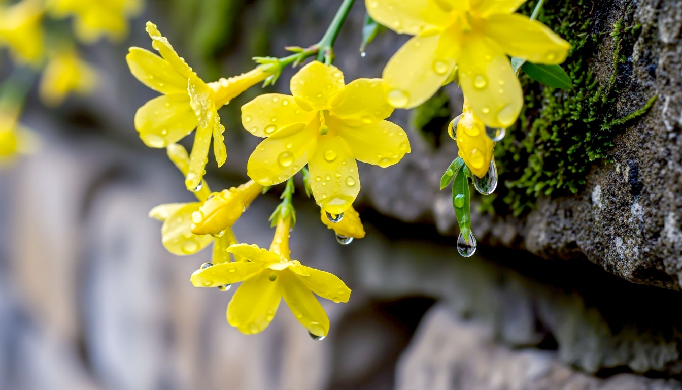 A hyper-realistic, close-up photograph of Winter Jasmine flowers cascading down a weathered, mossy Cotswold stone wall. The bright, star-shaped yellow flowers are in sharp focus, with glistening water droplets from a recent shower clinging to their petals. The lighting is soft and diffused, typical of a bright but overcast British winter day. The mood is one of cheerful defiance and resilience.