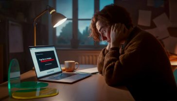 A hyper-realistic, professional photograph showing a person looking stressed but determined, sitting at a modern desk with a laptop displaying a generic 'Page Not Available' browser error. The background is a tidy but creative home office in a British-style home. The lighting is soft and natural, coming from a window. The mood is one of focused problem-solving, not despair. A mug of tea sits next to the laptop.