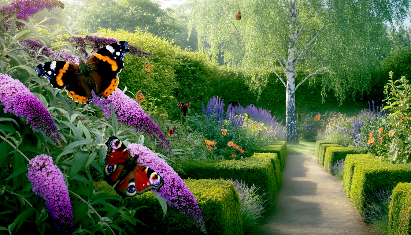 The image shows a beautiful, quintessential British garden in soft, early summer morning light. In the foreground, a vibrant purple Buddleja bush is covered in Red Admiral and Peacock butterflies. To the side, neat Box hedging lines a path, and in the background, the silvery-white bark of a Birch tree stands out against a deep green Beech hedge. The mood is peaceful, lush, and inspiring.