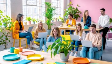 A hyper-realistic photograph in the style of a modern lifestyle magazine. A group of young British people are sat casually around a bright, airy co-working space in a converted London warehouse. They are working on laptops, smiling and collaborating. The mood is optimistic, entrepreneurial, and modern. Soft, natural light streams through large windows, with a few green plants dotted around. The focus is on accessible, achievable remote work.