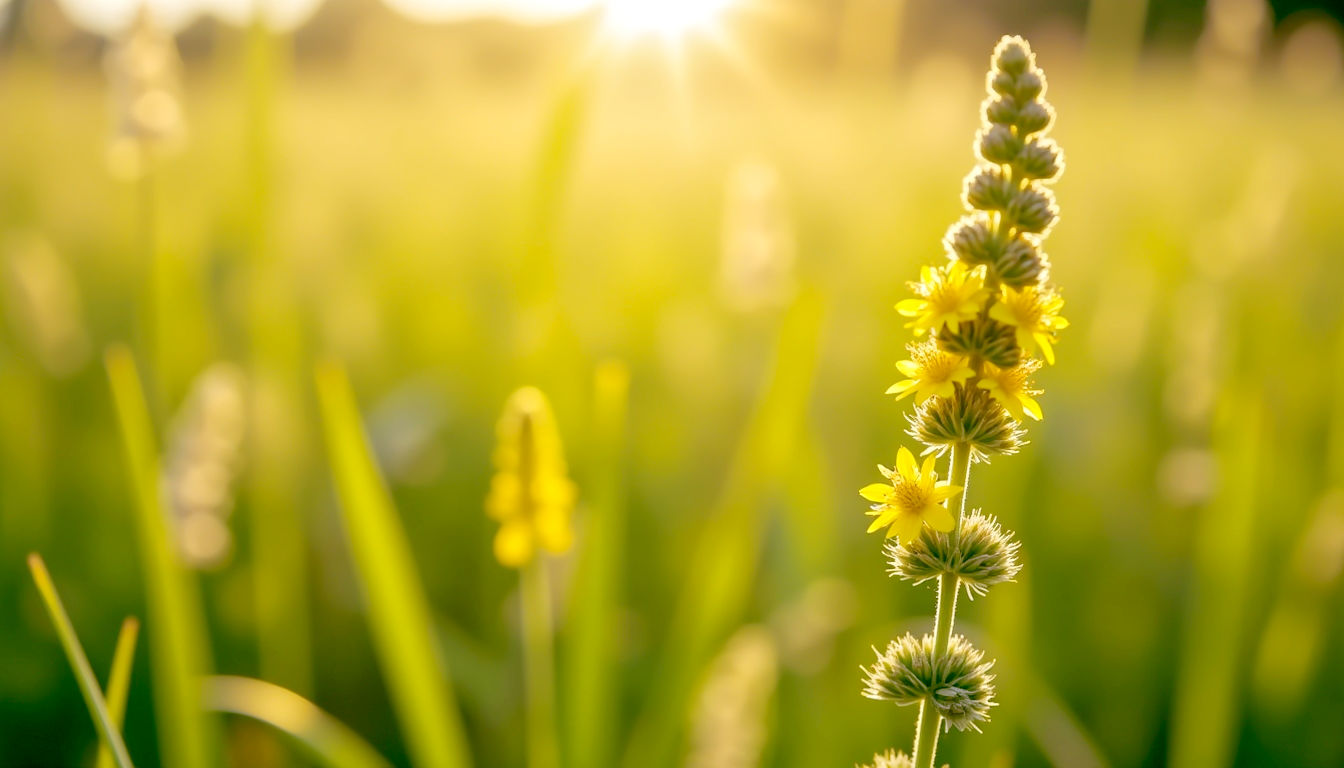 A detailed macro photograph of an Agrimony flower spike in a sun-dappled summer meadow. The focus is sharp on the small, star-shaped yellow flowers halfway up the stem, with the lower half showing the distinctive burred seed pods. The background is a soft-focus blur of long green grasses and other wildflowers. The lighting is warm and golden, evoking a late afternoon in the British countryside. Style of a high-end botanical guide.