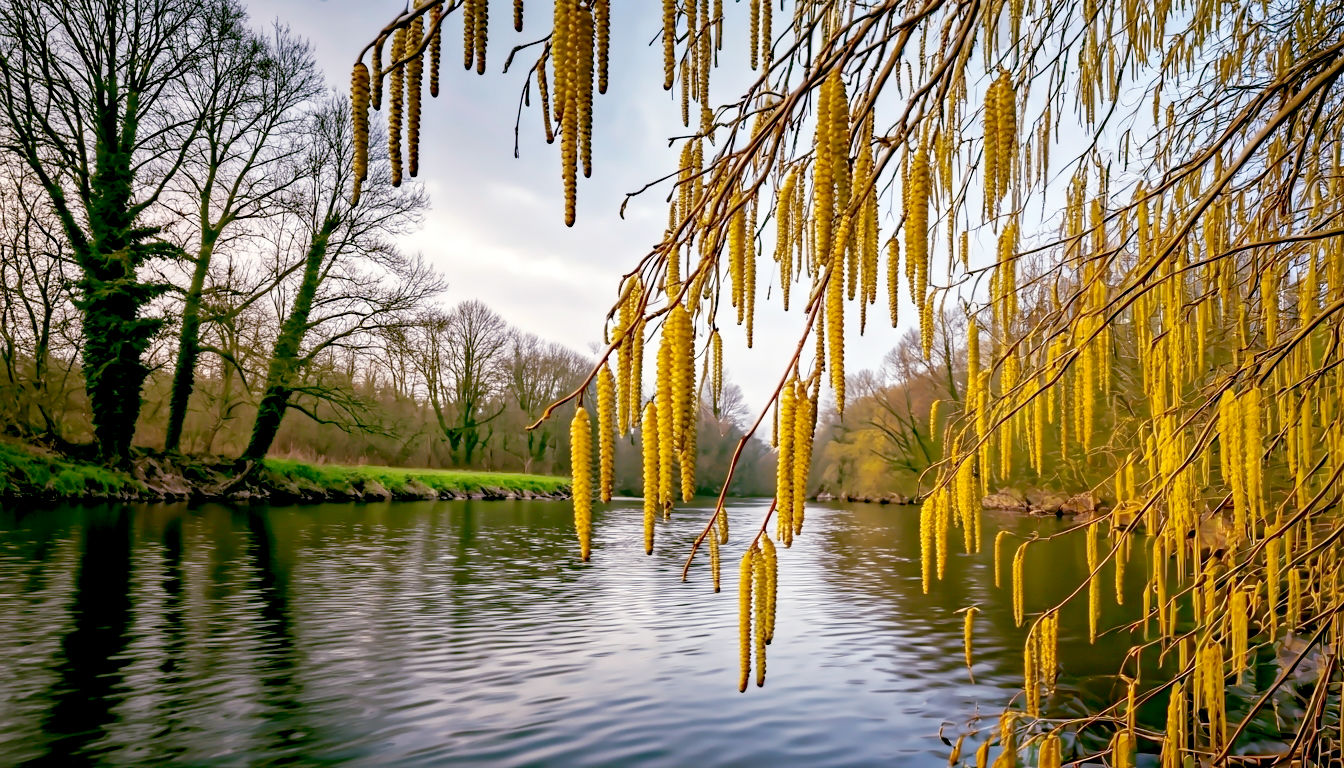 A hyper-realistic photograph from a low angle, looking up at an Alder tree on the bank of a gently flowing British river. It is early spring, and long, yellow male catkins hang from the branches, alongside the distinctive small, dark, woody cones from the previous year. The lighting is soft and overcast, reflecting off the water's surface. The mood is tranquil and serene, capturing the essence of a British wetland. Style of a modern wildlife documentary still.