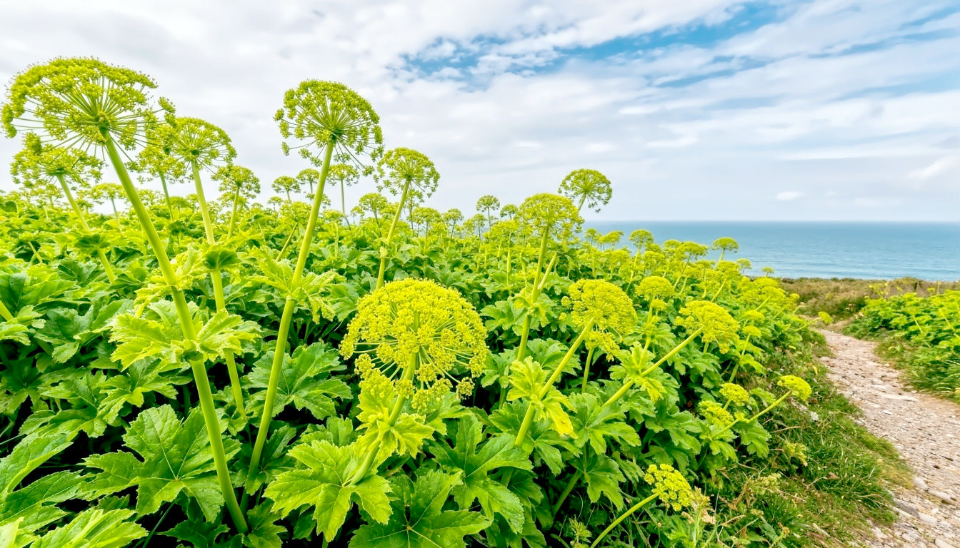 A hyper-realistic, wide-angle photograph of a dense stand of Alexanders growing on a coastal path in Cornwall. The tall, vibrant plants with their glossy, bright green leaves and large, yellow-green flower umbels dominate the foreground. In the background, the sea is visible under a classic British sky with scattered clouds. The lighting is bright but diffused, capturing the fresh, salty atmosphere of the coast. Style of a travel photography feature.