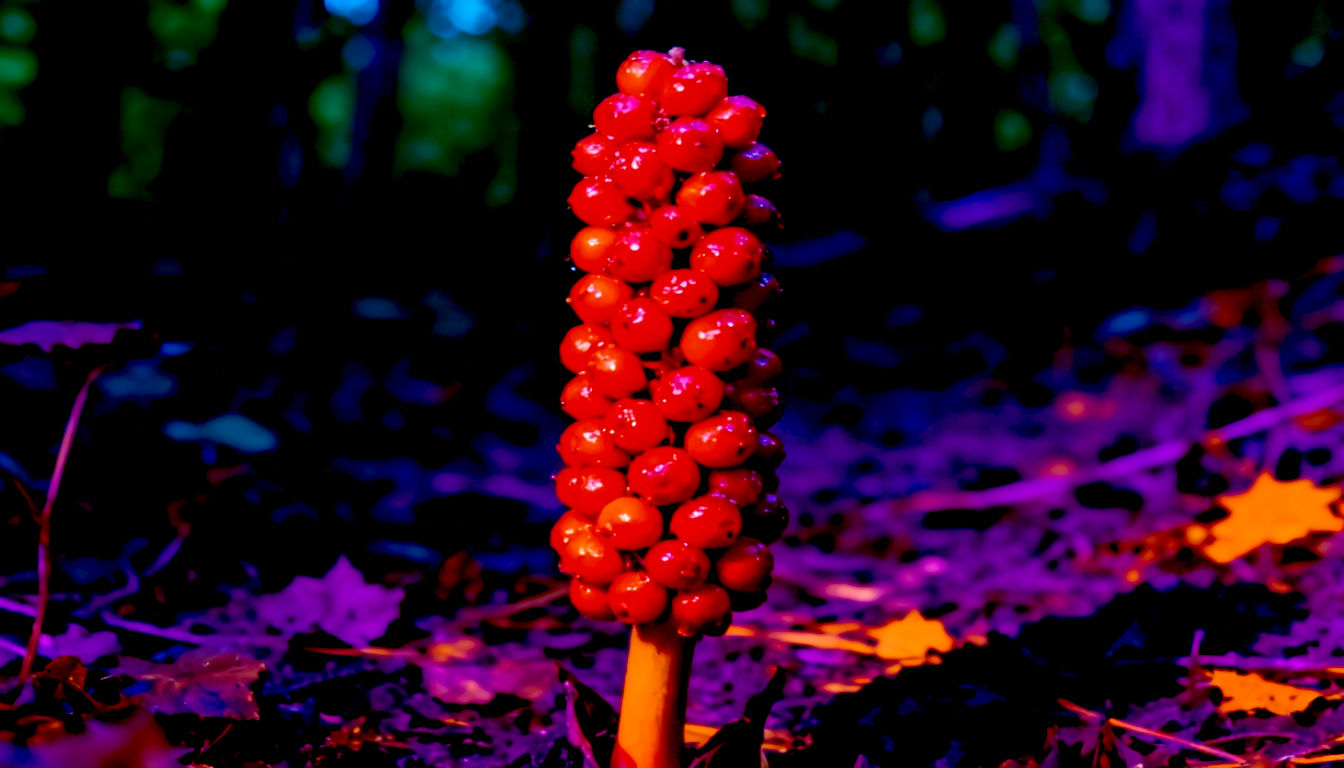 A striking, low-angle macro photograph of the berry spike of a Wild Arum (Lords-and-Ladies). The shot focuses on the tightly clustered, luminous scarlet berries, glistening with a hint of moisture. The spike rises from a dark, out-of-focus background of the woodland floor in late summer. The lighting is dramatic, catching the vibrant red of the poisonous berries and creating a sense of warning and allure. Style of a high-impact wildlife photograph.