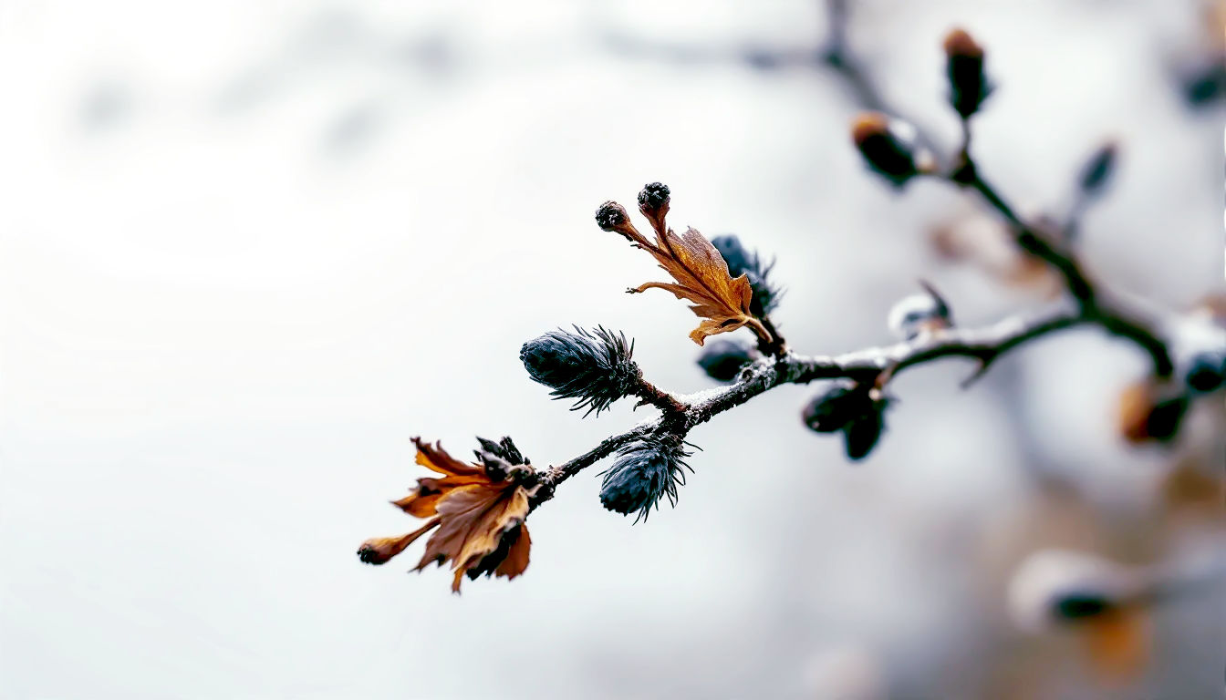 A detailed, poignant photograph of Ash twigs against a pale, wintry sky. The focus is razor-sharp on the distinctive ashy-black, velvety buds arranged in opposite pairs. A few dried "Ash key" seeds still cling to a nearby branch. The lighting is crisp and cool, characteristic of a British winter morning. The mood is one of stark beauty and quiet resilience. Style of a classic botanical illustration brought to life.