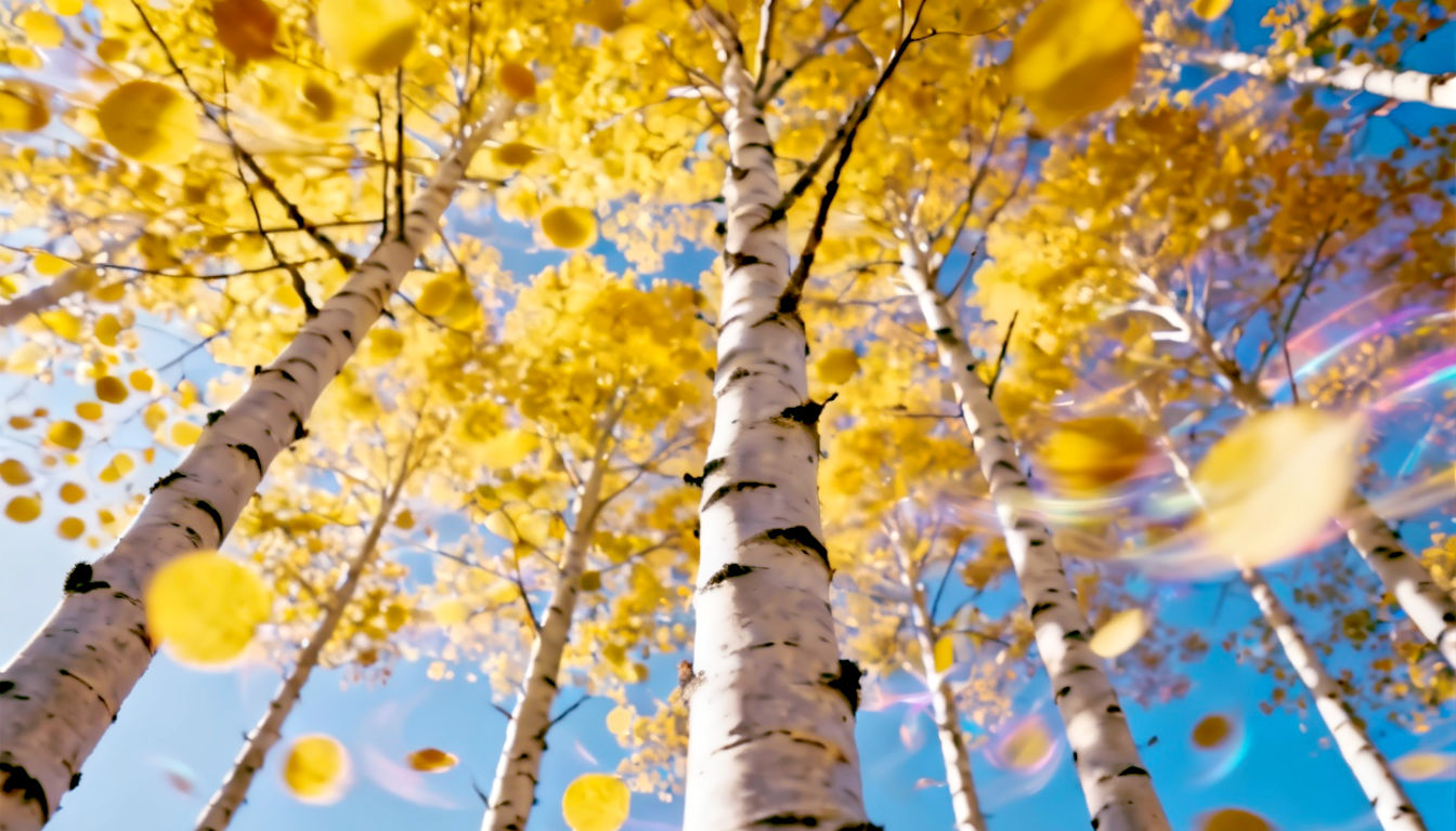 A dynamic, hyper-realistic photograph capturing the movement of Aspen leaves in a gentle breeze. The shot is taken from within a grove of slender, pale-barked Aspen trees in the Scottish Highlands. The round leaves, in brilliant shades of autumn yellow, are shimmering against a clear blue sky. The lighting is bright and clear, emphasizing the feeling of light, sound, and movement. Style of an evocative landscape photograph.
