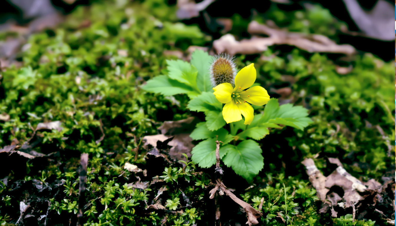 A close-up, intimate photograph of a Wood Avens plant on a shady woodland floor. The focus is on a single, cheerful, five-petalled yellow flower, with a finished, burr-like seed head visible just behind it. The background is a dark, rich loam covered in moss and decaying leaves. The lighting is soft and indirect, as if filtered through a dense tree canopy. Style of a macro nature study.