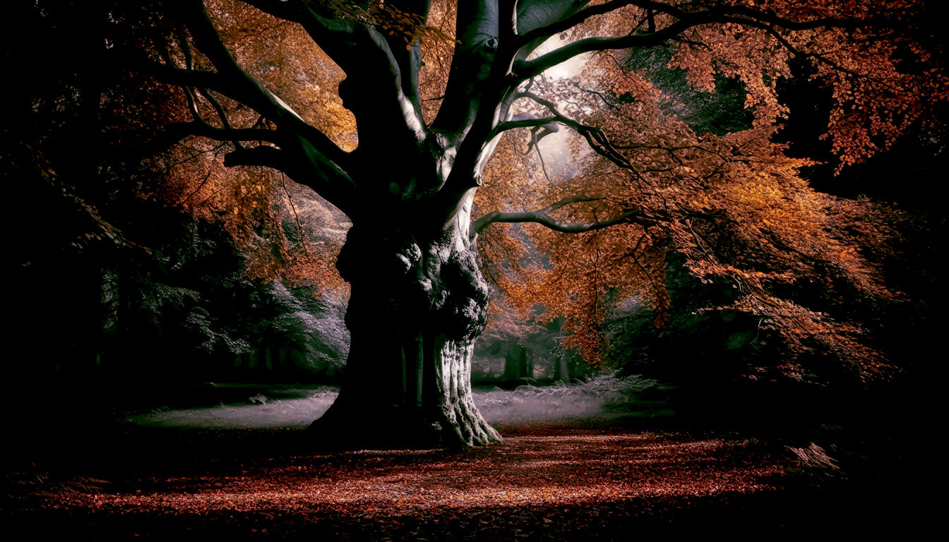 A hyper-realistic, professional photograph in the style of a Country Life magazine feature. The image captures a magnificent, ancient Beech tree standing in a classic British woodland during autumn. Soft, golden-hour light filters through the canopy, illuminating the bronze and copper leaves. The tree's smooth, silver-grey bark is a central feature, with dappled sunlight creating a peaceful, majestic mood.
