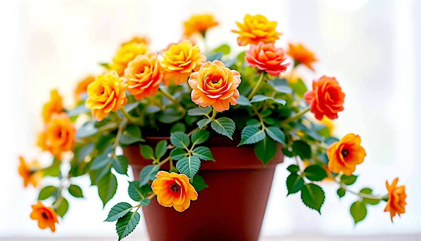 The shot showcases a rustic terracotta pot overflowing with vibrant, trailing 'Illumination' Begonias. The large, rose-like flowers are in shades of apricot, orange, and yellow. The lighting is soft and warm, as if on a patio in late afternoon, making the colours glow. The mood is abundant, joyful, and summery.