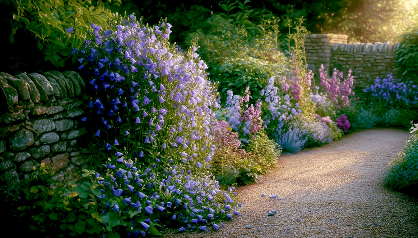 The image shows a charming cottage garden scene where a river of violet-blue Campanula portenschlagiana spills over the edge of a weathered stone wall and onto a gravel path. The lighting is gentle and diffused, evoking a peaceful summer morning. The mood is romantic, informal, and quintessentially rustic.