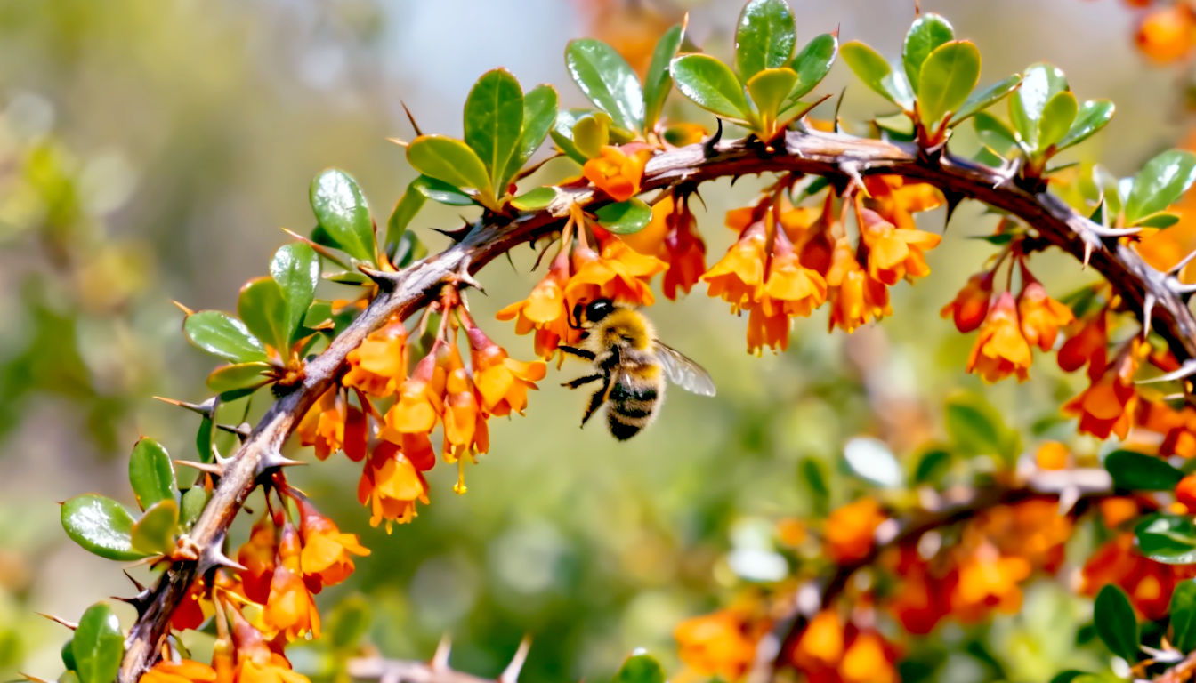 A hyper-realistic, professional photograph in the style of an Amateur Gardening magazine feature. The image captures a Berberis darwinii shrub in mid-spring, its arching, thorny branches dripping with clusters of bright, fiery orange flowers. A fuzzy bumblebee is visible, visiting the blossoms. The lighting is bright and cheerful, highlighting the contrast between the vibrant flowers and the small, glossy green leaves. The mood is energetic and full of spring promise.