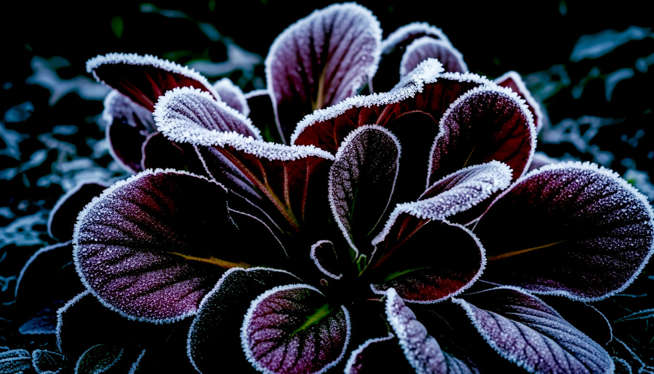 A hyper-realistic, professional photograph in the style of a Gardens Illustrated feature on winter interest. The image is a low-angle shot of a clump of Bergenia leaves covered in delicate white frost. The large, leathery leaves have taken on a deep, rich ruby-red winter hue. The background is dark and shadowy, making the leaves the star of the shot. The mood is dramatic, textural, and resilient.