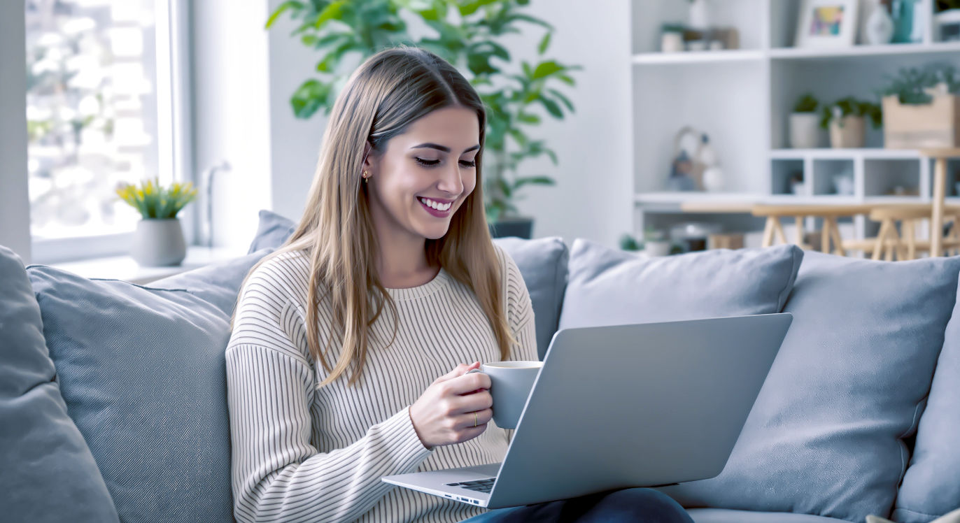 A hyper-realistic, professional photograph in the style of a modern lifestyle magazine. The image captures a cheerful and savvy British woman in her late 20s, sitting on a comfortable sofa in a bright, contemporary living room with a cup of tea. She is smiling, looking at her laptop screen which displays a colourful, well-designed online shop at the checkout stage, with a voucher code successfully applied, showing a "Discount Applied!" message. The composition is a medium shot, with soft, natural lighting from a nearby window. The mood is positive, empowering, and relatable, evoking the quiet satisfaction of smart online shopping.