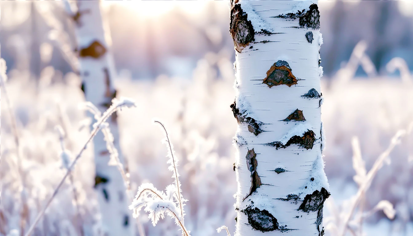 A hyper-realistic, professional photograph in the style of a BBC Wildlife Magazine winter feature. The shot is a close-up composition focusing on the brilliant white, peeling bark of a Himalayan Birch (Betula utilis var. jacquemontii) against a soft-focus background of frosted grasses. The low winter sun catches the texture of the bark, creating stark, beautiful shadows. The mood is crisp, serene, and minimalist.