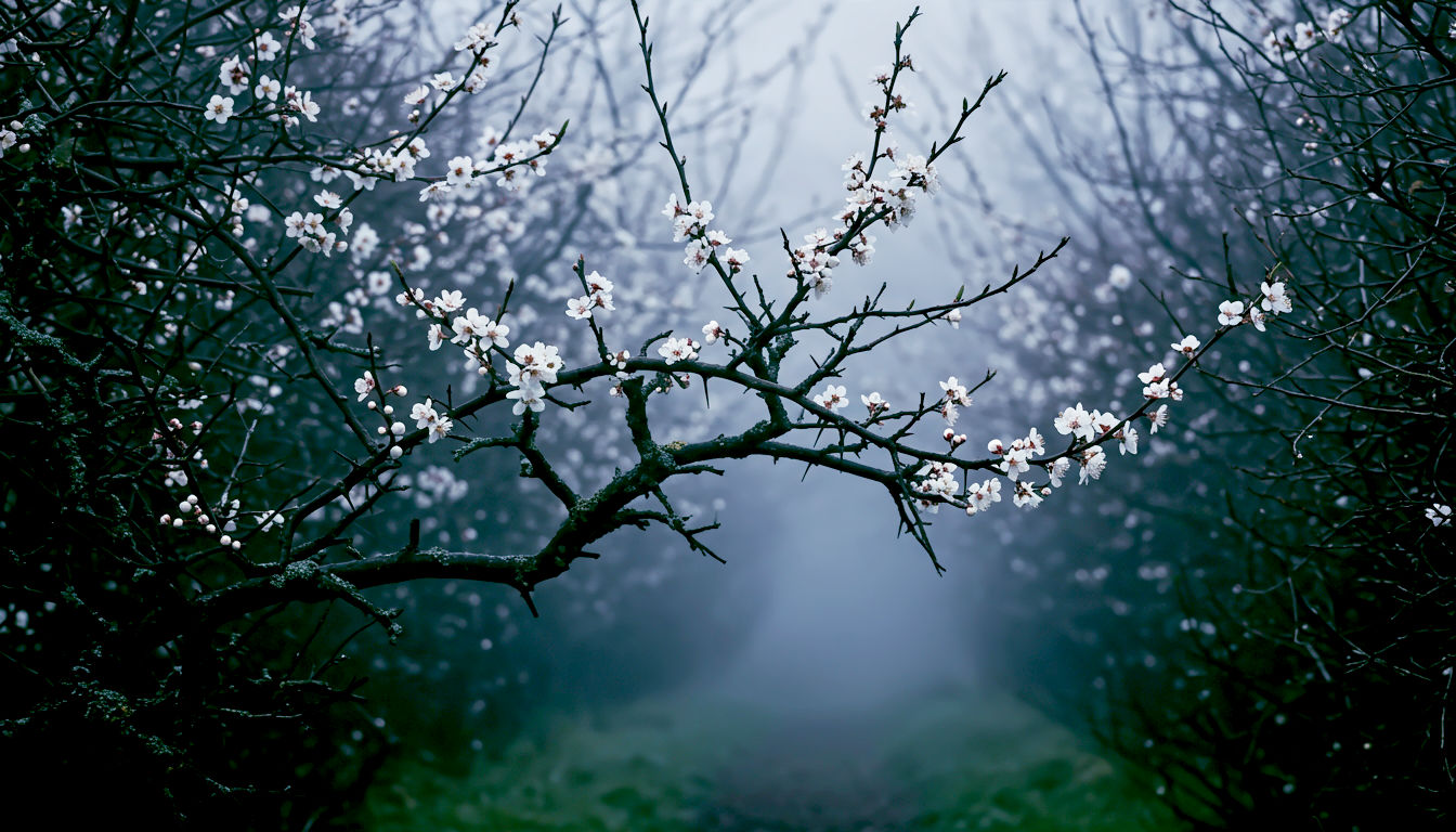 A hyper-realistic, professional photograph in the style of a BBC Countryfile Magazine feature. The image captures a gnarled Blackthorn branch in a misty British hedgerow in early March. The dark, thorny twigs are covered in a delicate cloud of pure white blossom, which stands out against the soft, grey, atmospheric background. The mood is mysterious, hopeful, and evocative of the first signs of spring.