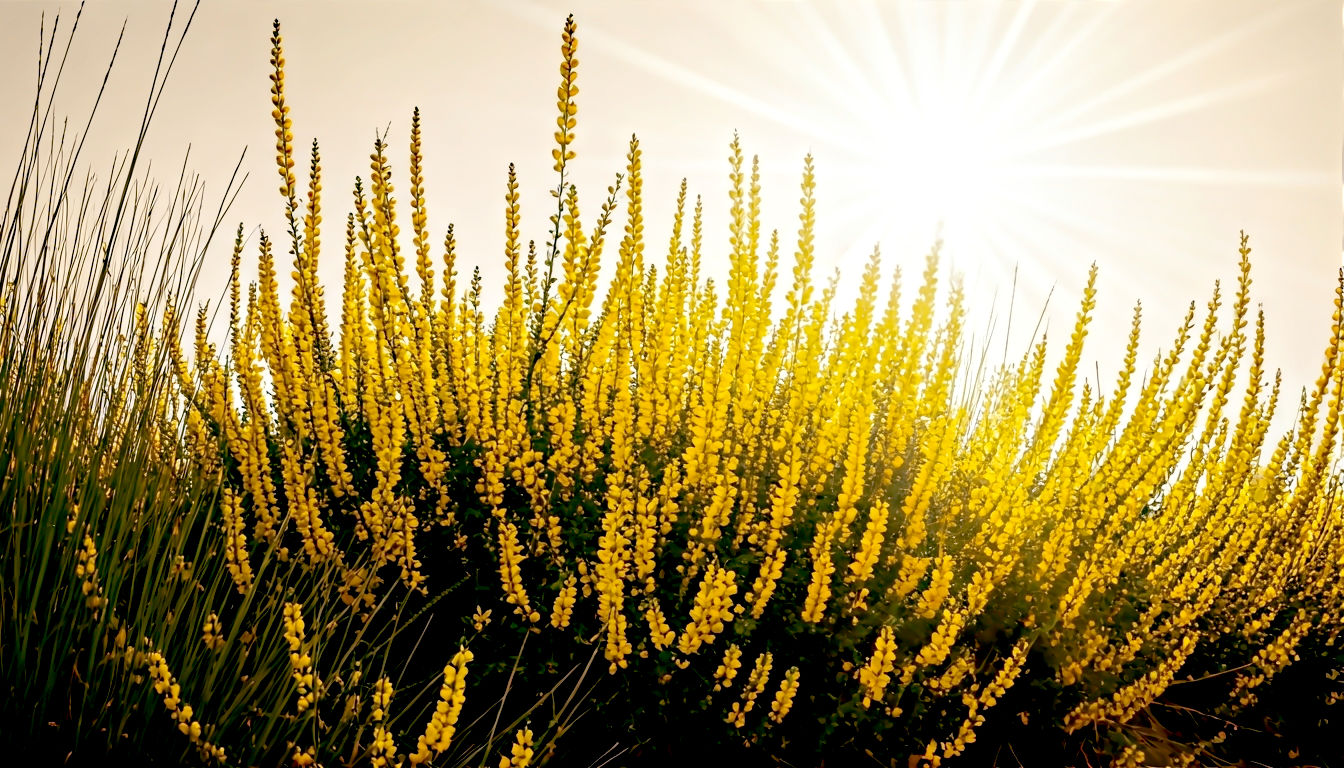 A hyper-realistic, professional photograph in the style of The English Garden magazine. The image shows a Cytisus × praecox 'Allgold' shrub in full, breathtaking bloom on a dry, sunny bank. Its slender, arching stems are completely hidden by a cascade of brilliant, lemon-yellow, pea-like flowers. The lighting is bright and clear, conveying the heat of a late spring day. The mood is explosive, vibrant, and dazzling.