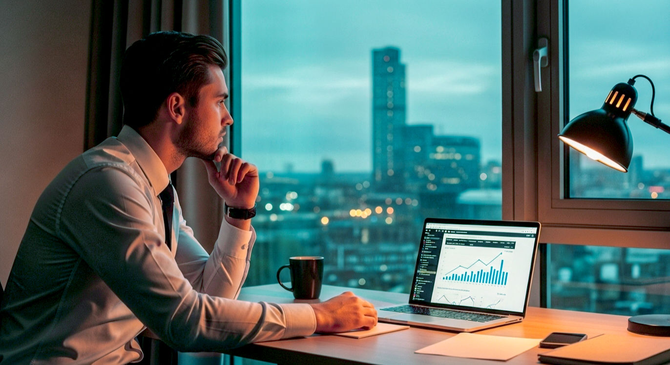 A hyper-realistic photograph in the style of a modern lifestyle magazine. A single, sharp-looking British entrepreneur stands at his desk in a sleek apartment office, looking thoughtfully out of a large window with a view over the Manchester skyline at dusk. On his desk, a laptop displays a website analytics dashboard with rising graphs. The lighting is moody and atmospheric, reflecting the city lights. The mood is ambitious, strategic, and forward-thinking.