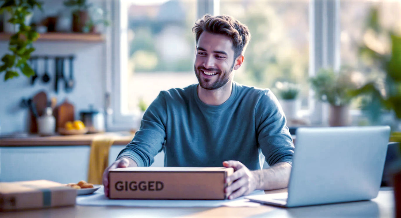 A hyper-realistic, professional photograph in the style of a feature for The Sunday Times. A friendly and determined-looking British man in his early 30s sits at his kitchen table in a bright, modern London flat. he is smiling slightly as he packs a beautifully designed, handmade hardwood cutting board into a larger 'Gigged' branded cardboard box, ready for shipping. His laptop is open next to him, showing an Etsy style website seller dashboard. The scene is bathed in soft, natural morning light, creating a mood of optimistic, modern entrepreneurship. The composition is a medium shot, with a shallow depth of field focusing on her hands and the product. The overall aesthetic is clean, authentic, and aspirational.