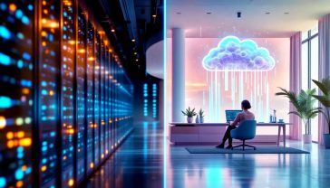A hyper-realistic, professional photograph in the style of a modern tech publication. The image is a conceptual split-screen. On the left, a dimly lit, tidy server room with rows of physical servers, glowing with cool blue LED lights, representing traditional computing. On the right, a bright, airy, modern office space with a person working on a sleek laptop, with abstract, luminous data streams flowing from the laptop into a stylised, soft-focus cloud graphic above, representing cloud computing. The overall mood should be clean, professional, and forward-looking, with a neutral and sophisticated colour palette.