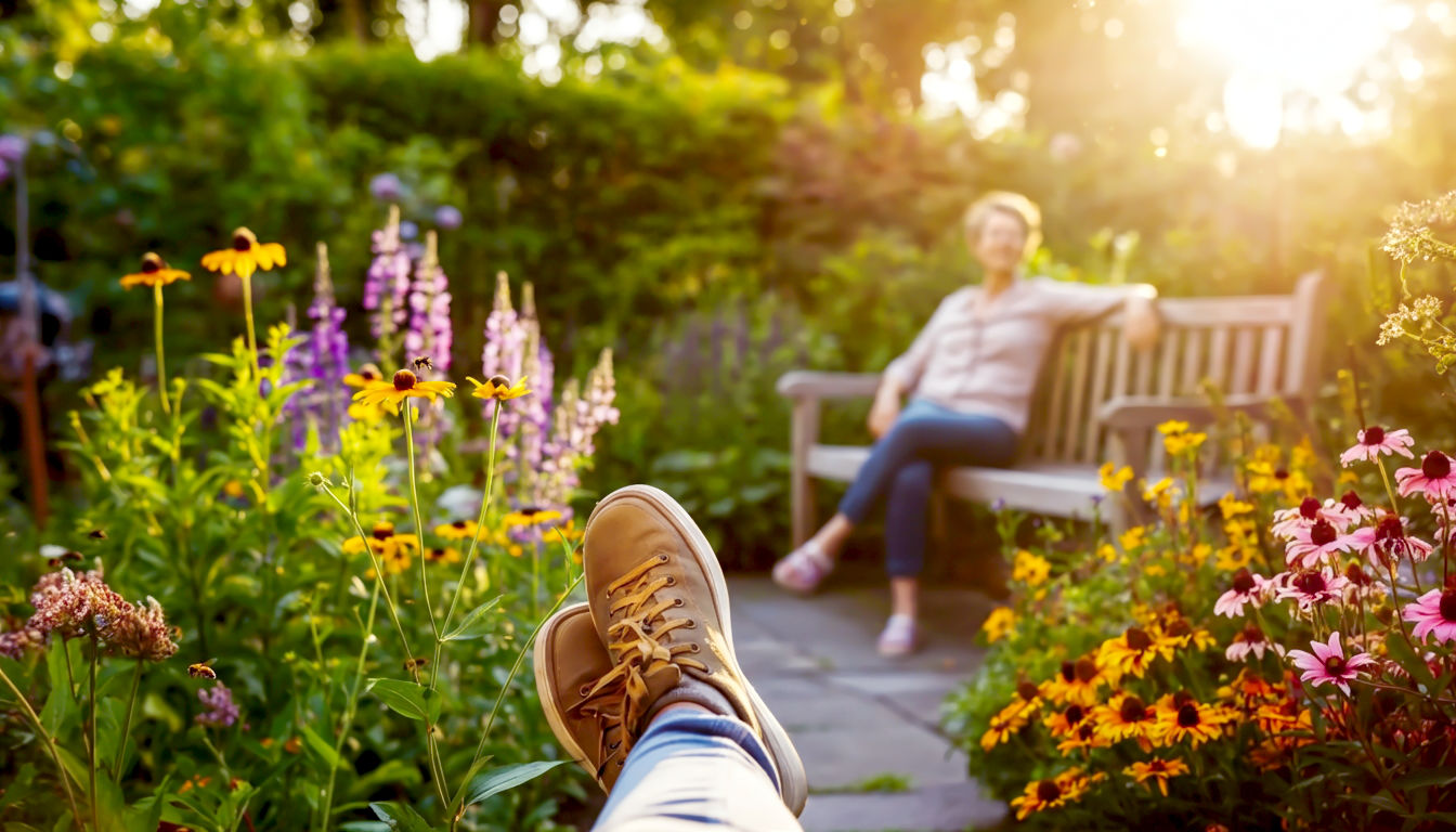 A serene, golden-hour photograph of a person relaxing in their beautifully established home garden. They are sitting on a wooden bench, looking contentedly at their blooming flowers. The garden looks lush and alive with bees visiting the flowers. The mood is peaceful and deeply satisfying, illustrating the ultimate reward of gardening efforts.