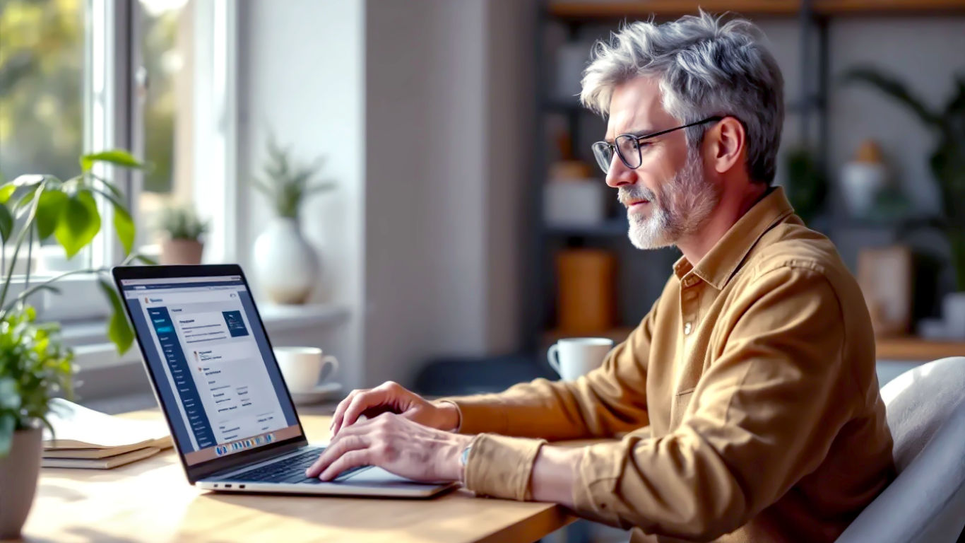 A hyper-realistic photograph in the style of a professional stock image. A British person in their late 30s sits in a bright, tidy home office with a cup of tea. They are looking at a laptop screen with a look of calm focus and relief. The laptop screen is angled towards the camera but slightly out of focus, showing a recognisable WordPress dashboard. The lighting is soft and natural, coming from a nearby window. The mood is calm, competent, and reassuring, conveying the feeling of solving a complex technical problem. The colour palette is composed of muted, professional tones like soft greys, blues, and natural wood.