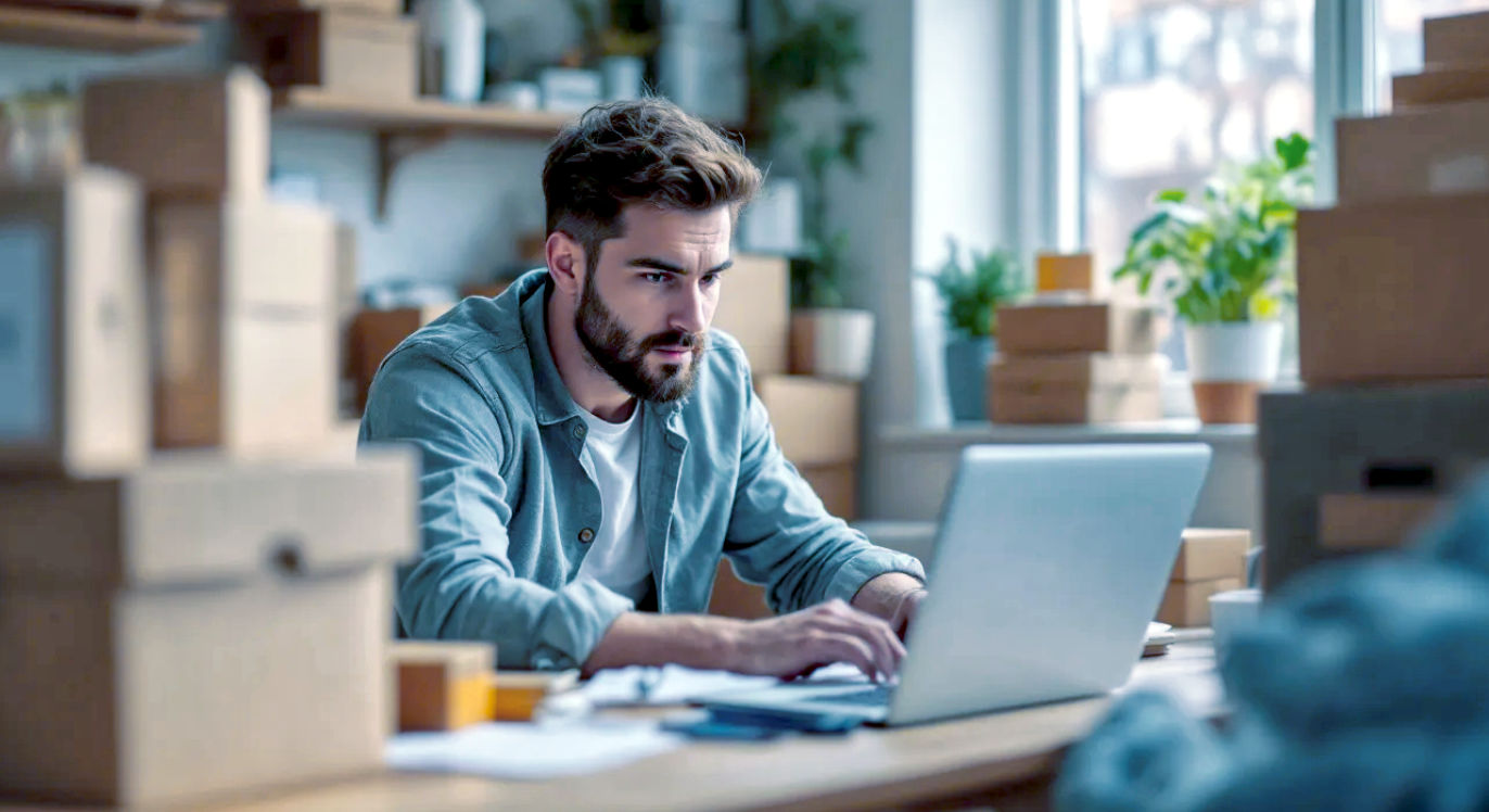 A hyper-realistic, professional photograph in the style of a feature for a UK business magazine. A determined British man in his late 20s is in his small, well-organised home office, which is clearly a converted spare bedroom in a terraced house. He's surrounded by stacks of packaged products, far more than would fit on a single table, indicating his side hustle is growing rapidly. He is focused on his laptop, which displays a simple sales analytics graph trending upwards. The lighting is bright and natural, coming from a window just out of frame. The mood is one of focused ambition and the exciting challenge of scaling up. The composition is a medium shot that captures the organised chaos of a burgeoning small business. The overall aesthetic is authentic, relatable, and inspiring.