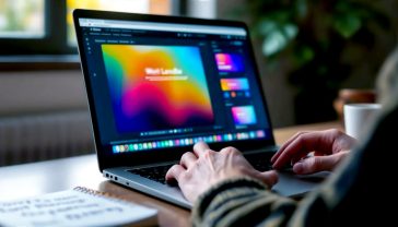 A hyper-realistic, professional photograph showing a person's hands on a modern laptop keyboard. The screen displays the WordPress editor with a vibrant, stylish website design. In the foreground, slightly out of focus, is a mug of tea and a notebook with font pairing ideas sketched in it. The lighting is soft and natural, coming from a window, creating a warm, productive, and creative atmosphere. The mood is calm, focused, and inspiring. Style: modern, clean, editorial.
