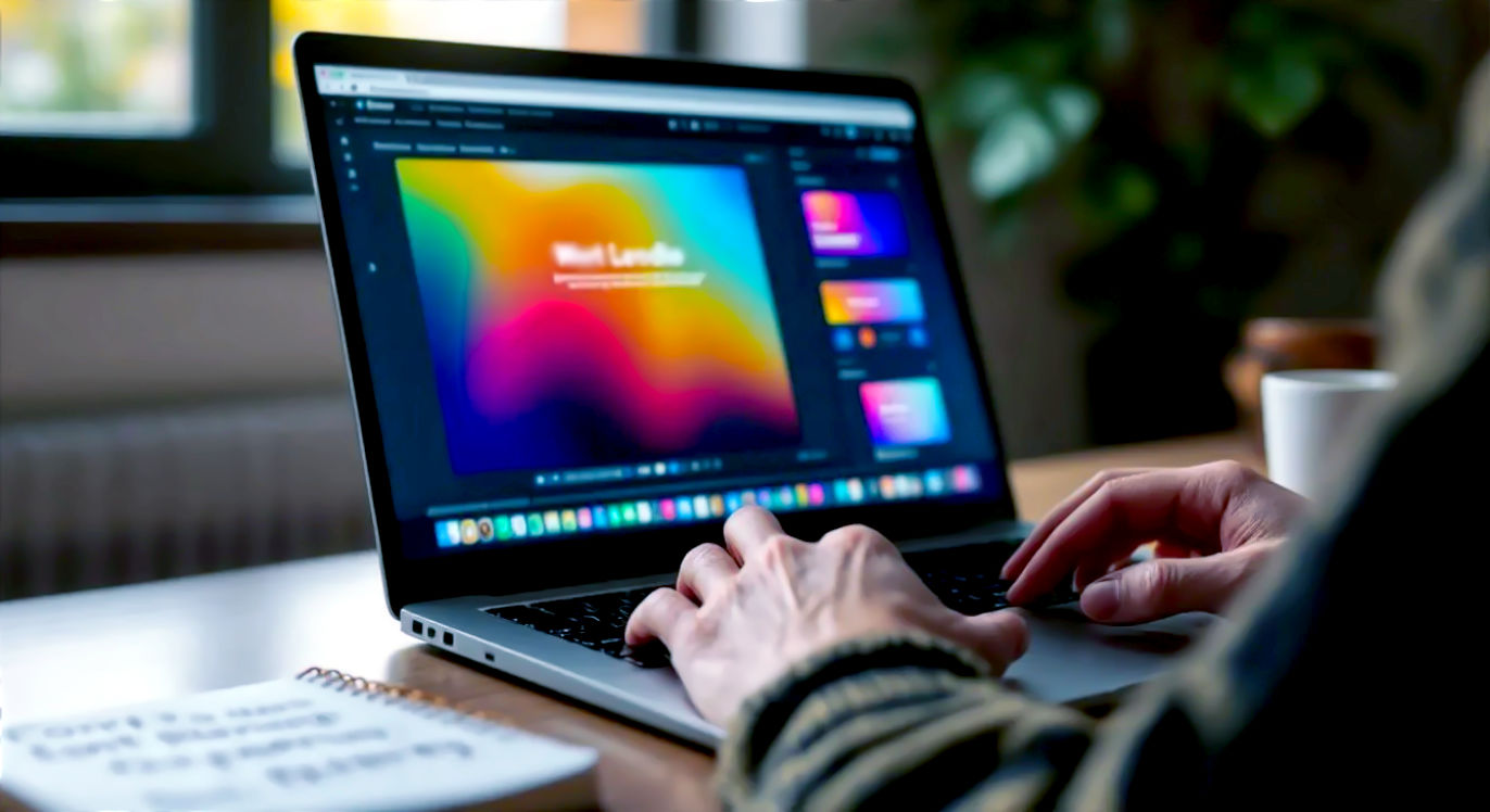 A hyper-realistic, professional photograph showing a person's hands on a modern laptop keyboard. The screen displays the WordPress editor with a vibrant, stylish website design. In the foreground, slightly out of focus, is a mug of tea and a notebook with font pairing ideas sketched in it. The lighting is soft and natural, coming from a window, creating a warm, productive, and creative atmosphere. The mood is calm, focused, and inspiring. Style: modern, clean, editorial.