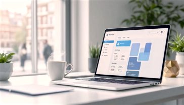 A hyper-realistic, professional photograph in the style of a modern tech publication. The scene is a clean, minimalist desk in a bright British office with a large window showing a soft, out-of-focus view of a classic London street. On the desk sits a sleek, modern laptop open to a colourful WordPress dashboard. Next to the laptop is a stylish ceramic mug of tea with a wisp of steam rising. The lighting is soft and natural, coming from the window, creating a calm, focused, and authoritative mood. The colour palette is clean, with whites, greys, and a pop of WordPress blue from the screen.