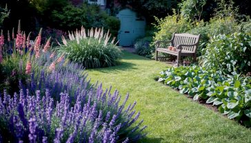 A beautiful, thriving British home garden in early summer. A mix of colourful perennials like lavender and foxgloves border a neat lawn. A well-tended vegetable patch with leafy greens is visible. A classic wooden bench with a mug of tea sits in a sunny spot. Soft, morning light filters through, creating a peaceful, aspirational, and achievable mood. The garden feels loved and lived-in, not overly manicured.