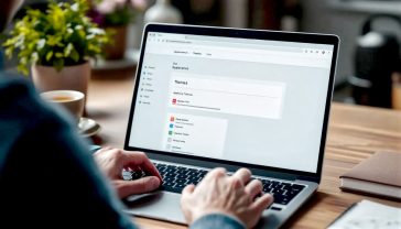 A hyper-realistic, professional photograph showing a person's hands on a modern laptop keyboard. The screen displays a clean, minimalist WordPress dashboard with the 'Appearance > Themes' section visible. One theme is being selected for deletion, highlighted with a subtle red overlay. The background is a tidy, well-lit home office in the UK, with a cup of tea on the desk. The mood is calm, organised, and professional.