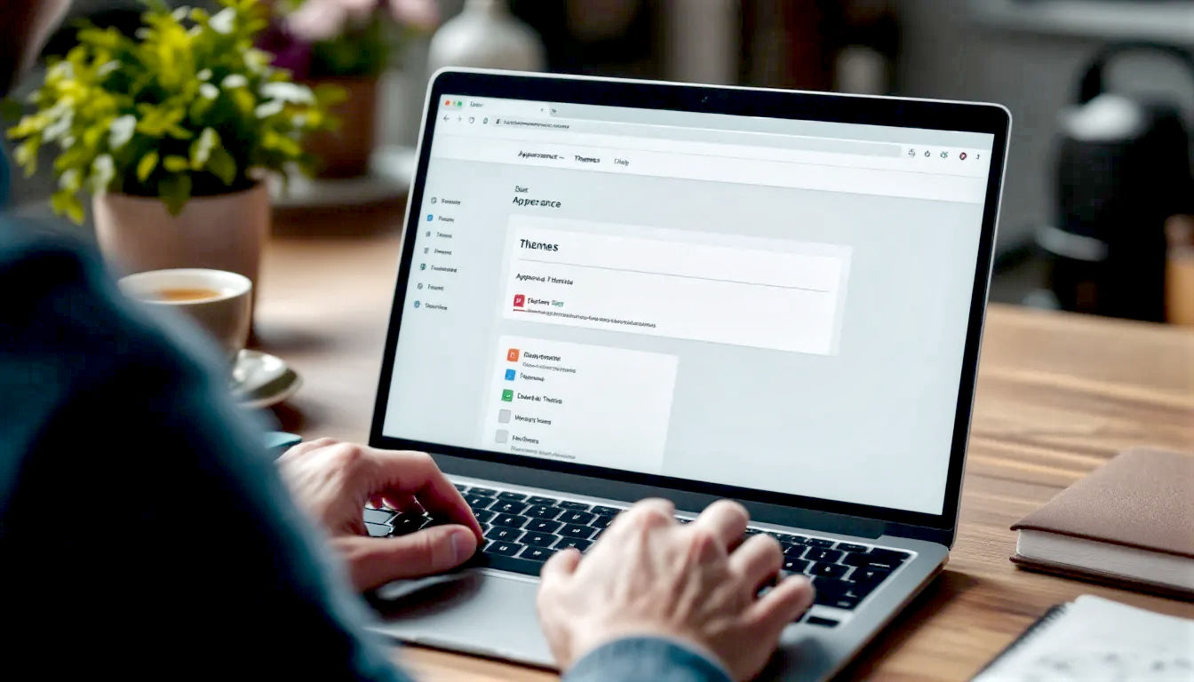 A hyper-realistic, professional photograph showing a person's hands on a modern laptop keyboard. The screen displays a clean, minimalist WordPress dashboard with the 'Appearance > Themes' section visible. One theme is being selected for deletion, highlighted with a subtle red overlay. The background is a tidy, well-lit home office in the UK, with a cup of tea on the desk. The mood is calm, organised, and professional.