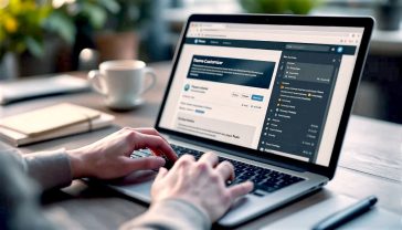 A hyper-realistic, professional photograph showing a person's hands on a modern laptop keyboard. The screen displays the WordPress dashboard, clearly focused on the 'Theme Customizer' interface for editing a website footer. The background is a stylish, slightly blurred home office in the UK, with a mug of tea and a notebook visible. The lighting is soft and natural, coming from a nearby window, creating a focused, productive, and accessible mood. The overall aesthetic is clean, professional, and relatable, in the style of a high-quality tech blog feature.