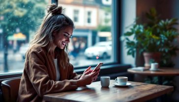 A hyper-realistic, professional photograph capturing the essence of modern social media engagement in a UK setting. The scene is a cosy, stylish British café with a young, creative-looking person sitting at a rustic wooden table. They are smiling, looking at their smartphone, which is displaying a vibrant, well-designed social media post that is visibly accumulating 'like' notifications (represented by minimalist heart icons floating subtly from the screen). The lighting is soft and natural, coming from a large window overlooking a charming, slightly rainy British street. The mood is positive, authentic, and inspiring. Style it like a feature in The Guardian's Weekend magazine.