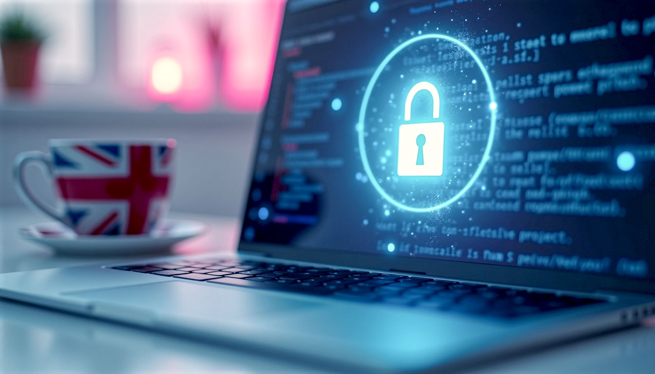 A hyper-realistic, professional photograph showing a person's hands securely locking a vintage, solid oak door with a modern, high-tech digital key. On the door, the WordPress logo is subtly and elegantly engraved. The lighting is soft and warm, conveying a sense of safety, trust, and British reliability. The background is slightly blurred, focusing on the act of securing the 'digital door'. Style of a high-end tech magazine.