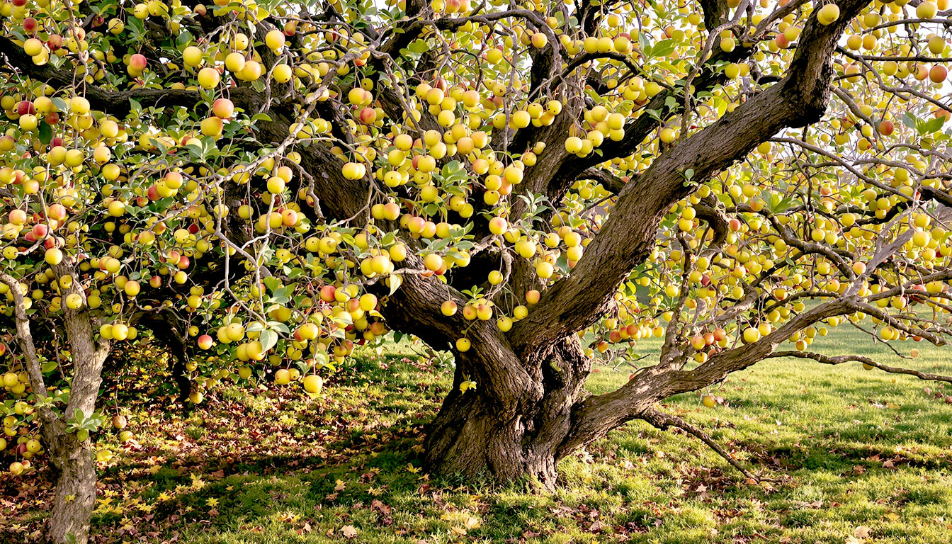 A hyper-realistic photograph of a gnarled, ancient Crab Apple tree in a traditional British hedgerow in late autumn. Its twisted branches are heavy with small, hard, yellowish-green apples, some blushed with red. A few have fallen onto the mossy ground below. The lighting is the soft, golden light of a late afternoon, enhancing the rustic, timeless quality of the scene. Style of a feature in a countryside living magazine.